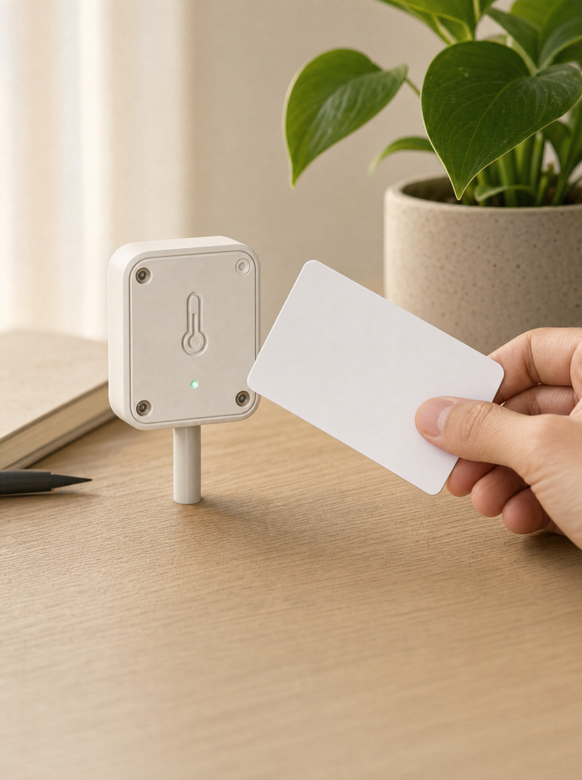 Dłoń przykładająca kartę RFID do skanera-sześcianu zamontowanego na ścianie